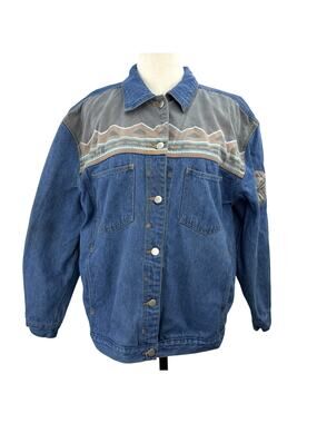 Vintage 90s Europa Denim Jacket Medium Southwestern Aztec Yoke Cowgirl Boho